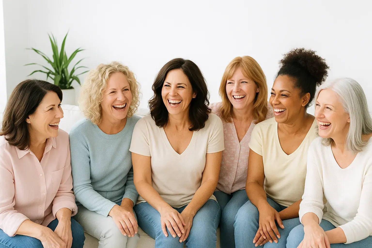 Midlife women laughing together in a bright, airy setting